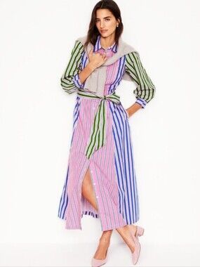 BODEN Clara Cotton Maxi Shirt Dress Multi Color Rainbow Stripes Sz 4R NWOT UK 8R